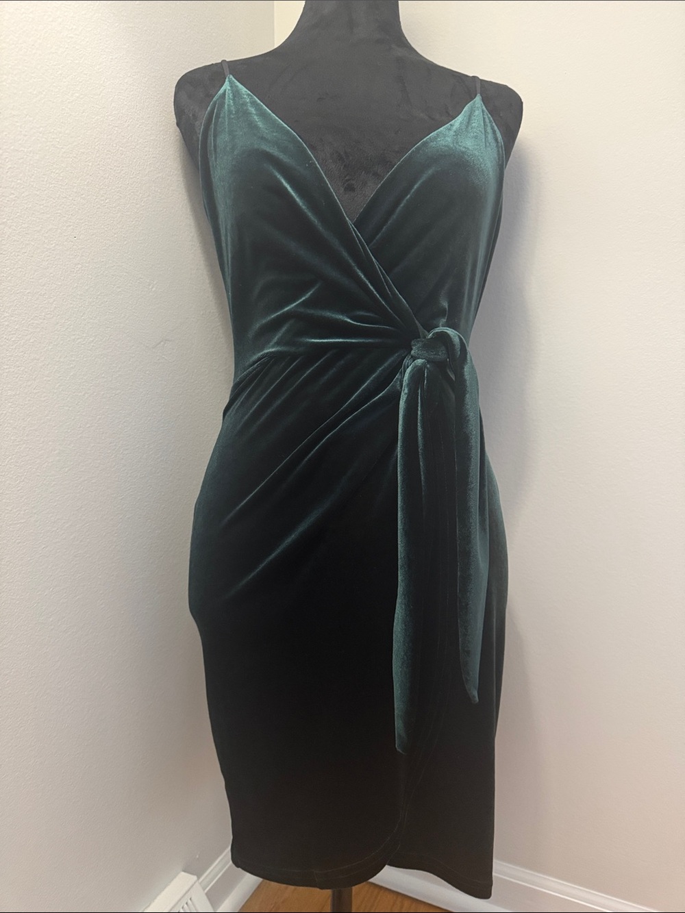PrettyLittleThing Emerald Velvet Wrap Mini Dress with Side Tie